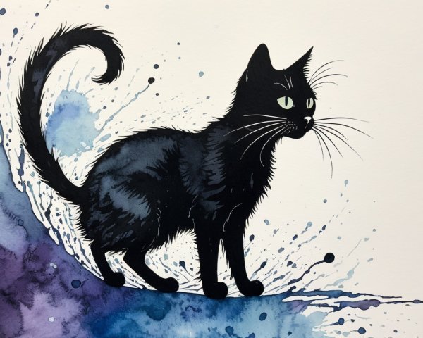 Black Cat on Colorful Watercolor Background