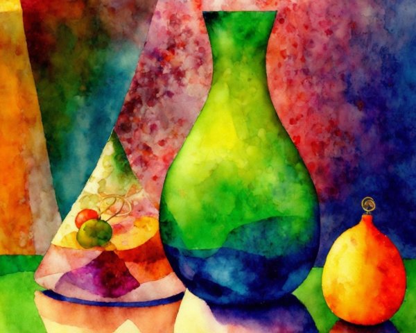 Colorful Watercolor Still Life with Vase and Fruit