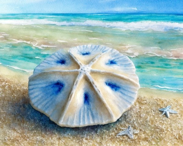 Watercolor of Seashell and Starfishes on Beach