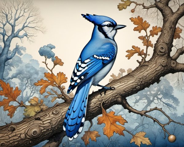 Blue Jay on Oak Branch with Autumn Leaves
