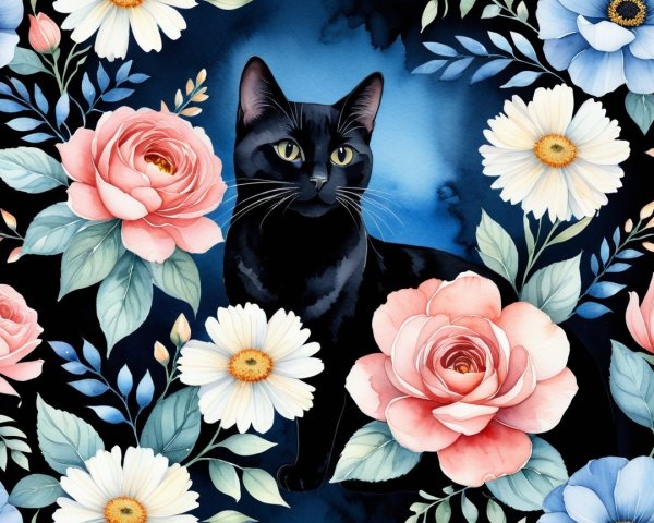 Watercolor Painting of Black Cat with Floral Background