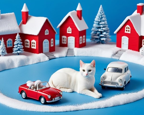 Playful Winter Wonderland with Cat and Vintage Cars