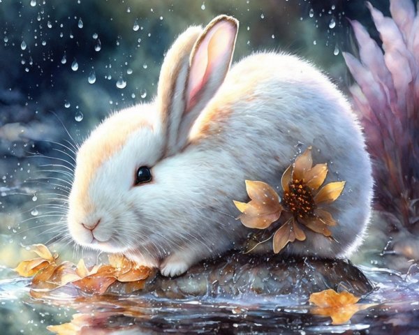 Fluffy White and Beige Rabbit in a Rainy Forest Scene
