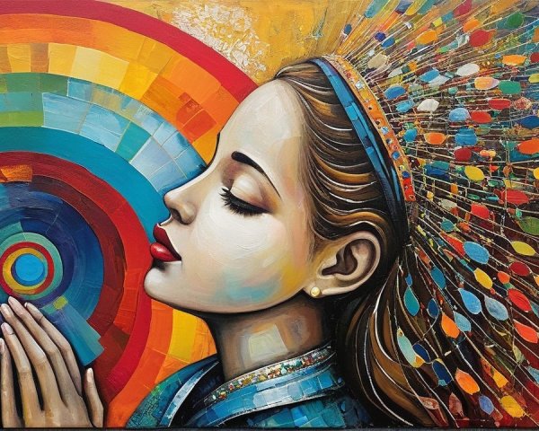 Serene Woman Praying with Colorful Background Patterns