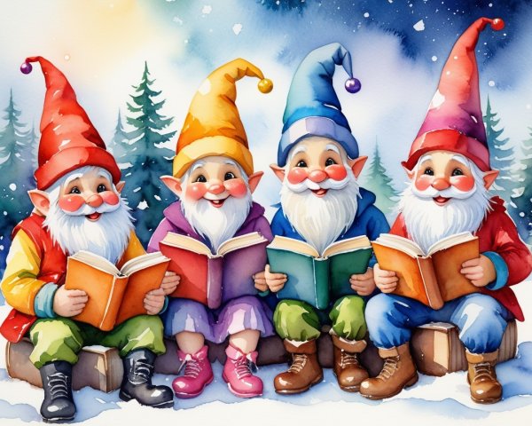 Gnomes Reading in a Snowy Winter Landscape