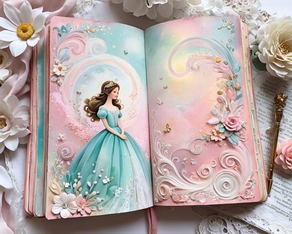 Fairytale Storybook with Princess Illustration and Flowers