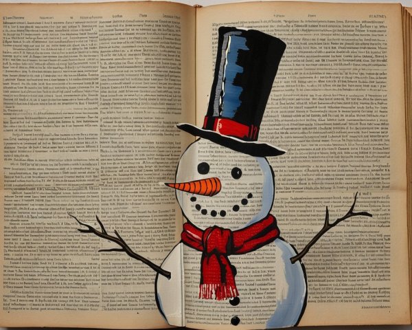 Snowman in Front of Open Book with Text Pages