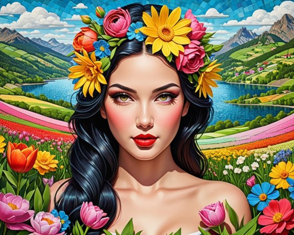 Woman with Floral Crown in Lush Spring Landscape
