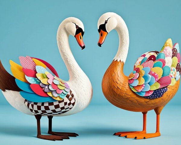 Stylized Swans with Colorful Patterns on Blue Background