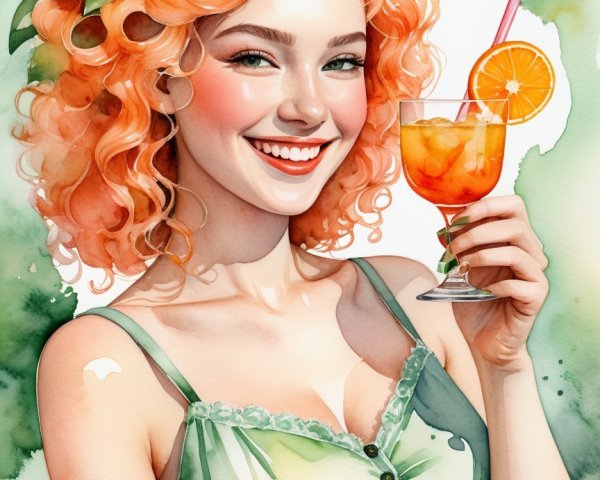 Watercolor Portrait of a Smiling Woman with Oranges