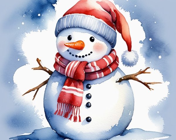 Watercolor Painting of a Snowman in Winter Scene