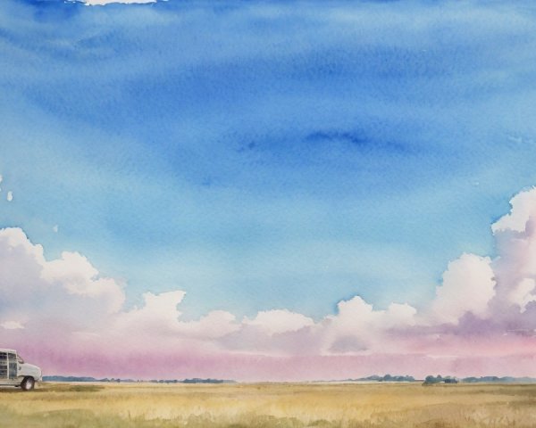 Watercolor Painting of a Grassy Field and Sky