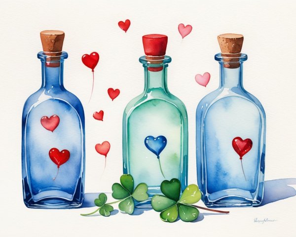 Watercolor Bottles with Four-Leaf Clovers and Balloons