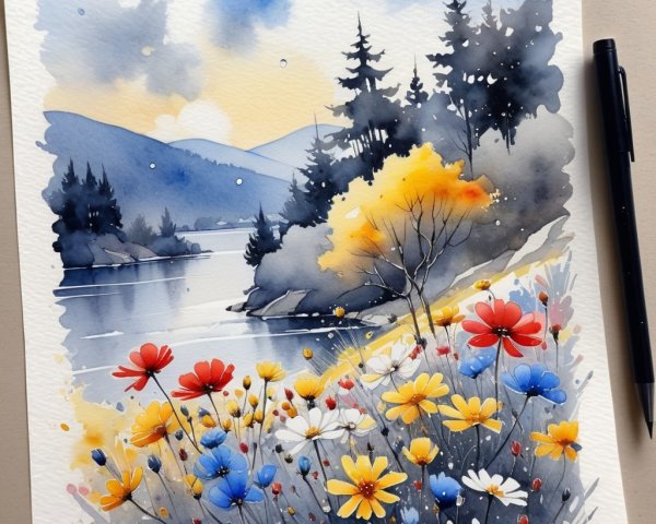 Watercolor Landscape with River and Wildflowers