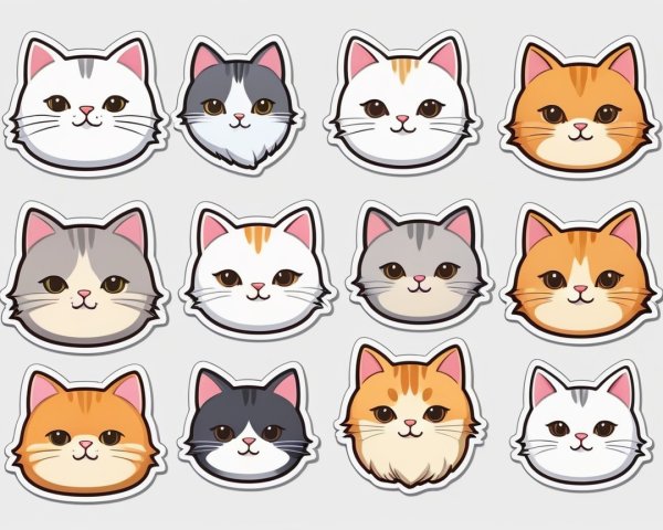 Collection of 12 Cartoon Cat Face Stickers