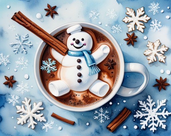Whimsical Watercolor Illustration of Hot Chocolate Snowman