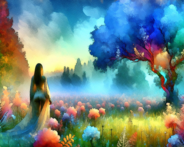 Vibrant Digital Watercolor of Female Figure in Meadow