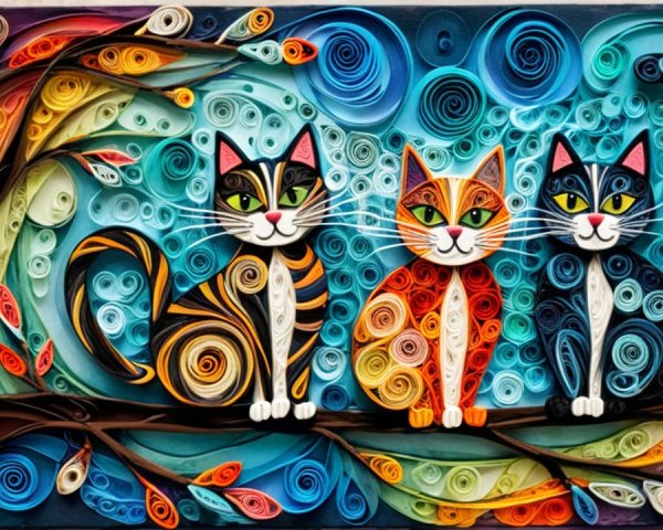 Vibrant Collage of Stylized Cats on Colorful Branch