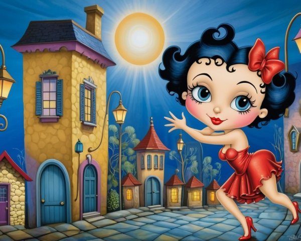 Cheerful Girl in Colorful Village Illustration