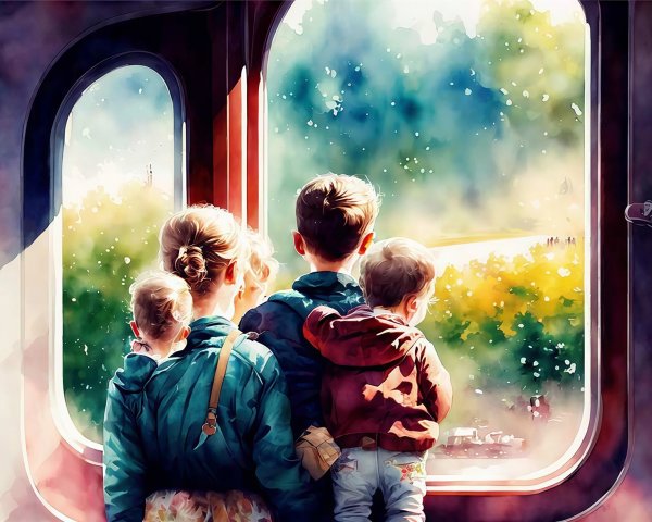 Watercolor Painting of Woman and Children by Train Window