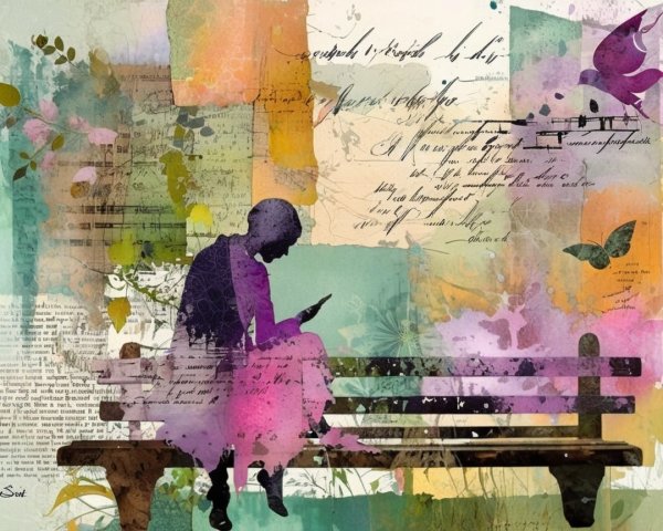 Silhouette of Reader on Bench with Colorful Background