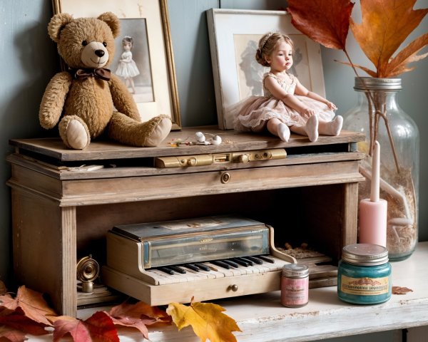 Vintage Dresser with Music Box, Dolls, and Photos
