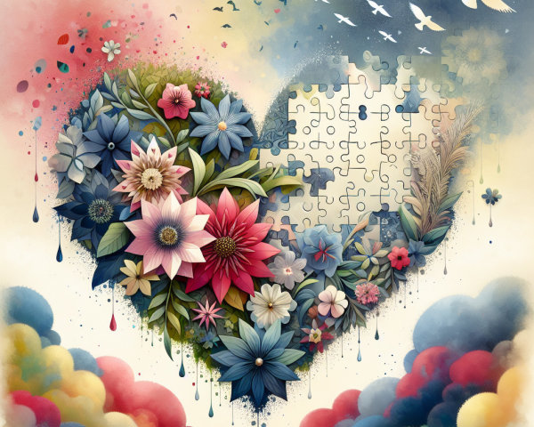 Watercolor Heart Illustration with Flowers and Birds