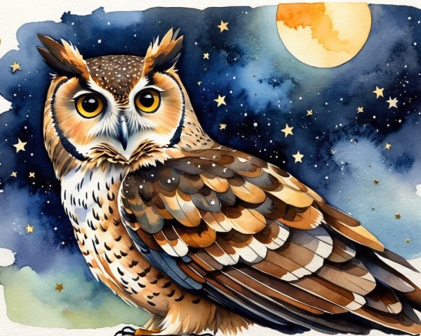 Watercolor painting of an owl against a night sky