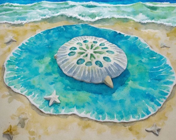 Watercolor of Sand Dollar on Sandy Beach with Starfish