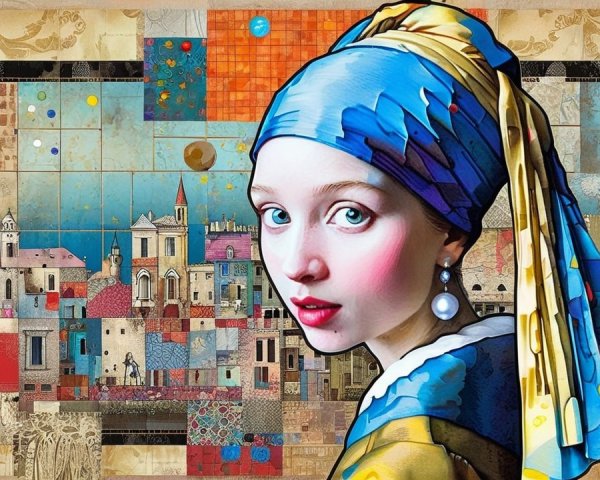 Abstract Digital Collage of a Girl with Pearl Earring