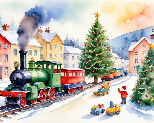 Watercolor Christmas Scene in Snowy Village Setting
