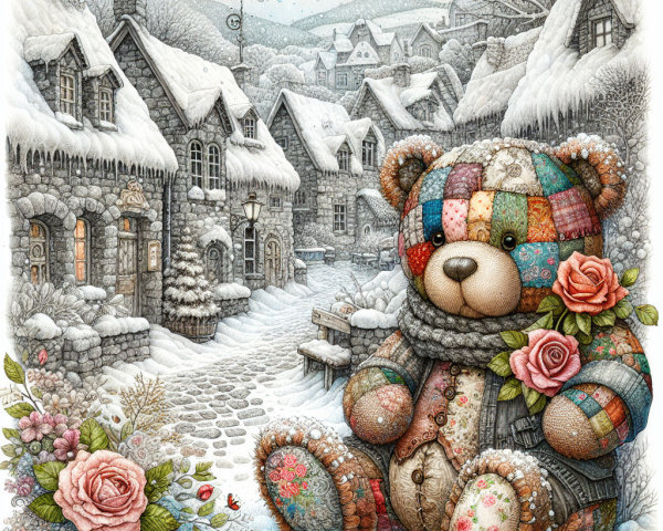 Colorful Teddy Bear in Winter Village Illustration