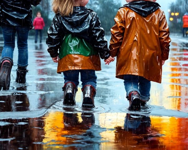 Children in Colorful Raincoats Splashing in Puddles