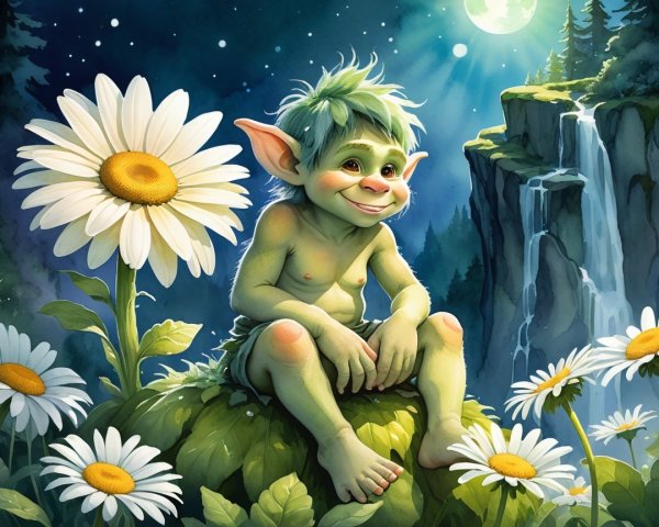 Fantasy Illustration of a Green-Skinned Creature in Daisies