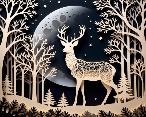 Detailed Papercut Art of Deer in Whimsical Forest