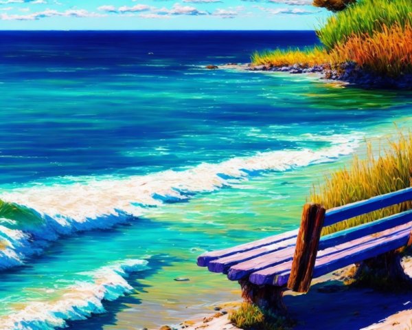 Serene Beach Scene with Waves and Rustic Bench