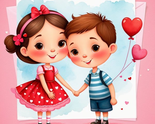 Cartoon Children on Pink Surface with Blue Sky Background