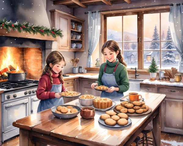 Cozy Winter Kitchen with Baked Goods and Fireplace