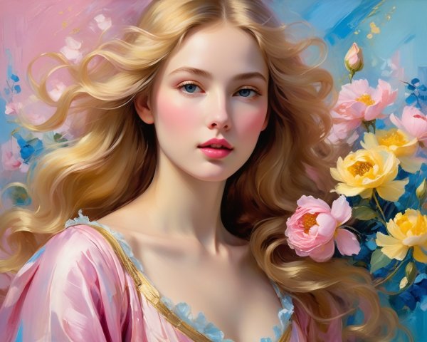 Young woman with golden hair among vibrant flowers