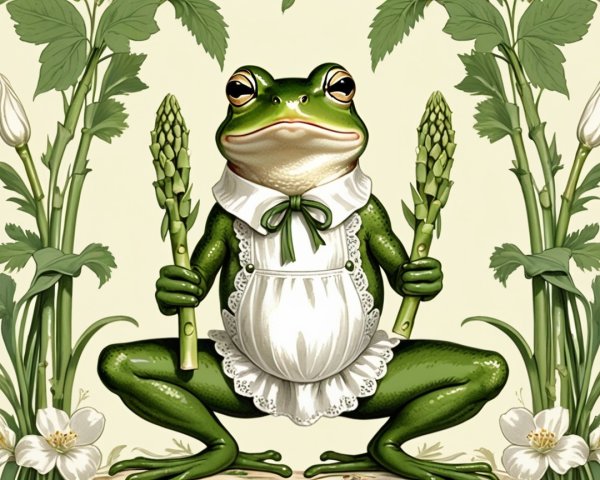 Whimsical Frog Illustration with Asparagus and Nature