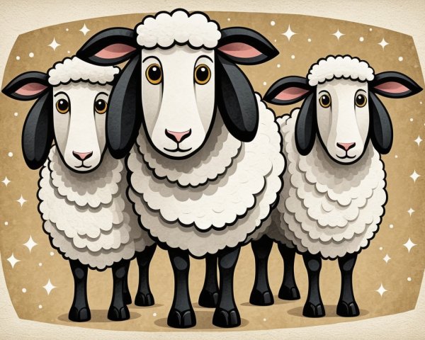 Three Cartoon Sheep on Light Brown Starry Background