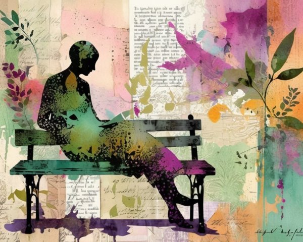 Silhouette Reading on a Bench with Watercolor Background