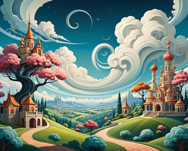 Whimsical Landscape with Two Enchanting Castles
