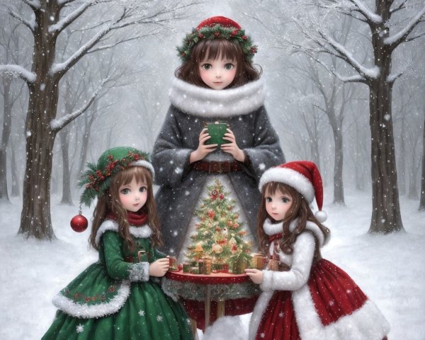 Girls Celebrating Christmas in a Snowy Forest