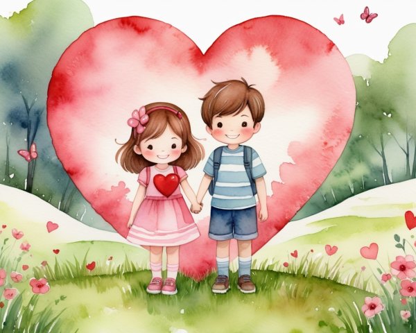 Watercolor Illustration of Children in a Heart Field