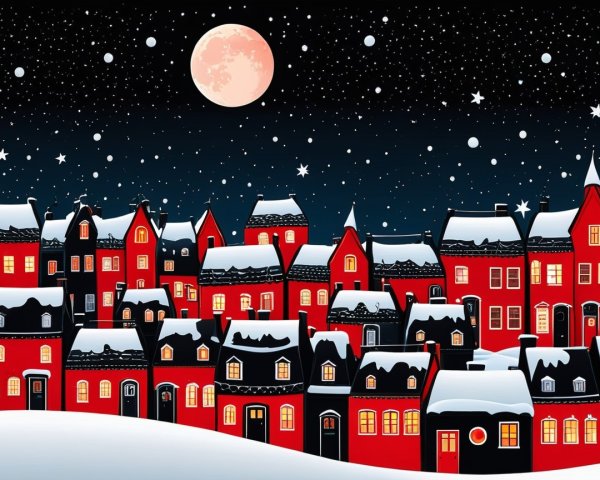 Whimsical Winter Town with Pink Moon and Snowfall