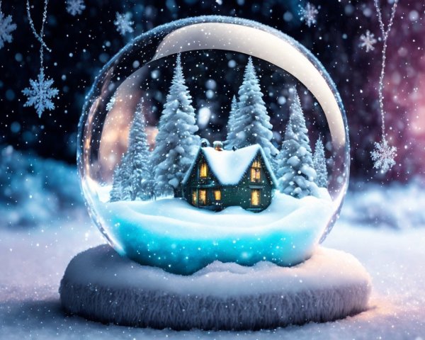 Winter Scene in a Snow Globe with Cozy Cabin