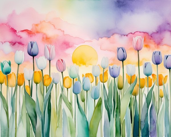 Vibrant Watercolor of Blooming Tulip Field in Spring