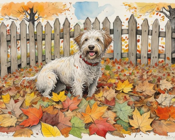 Cheerful White Dog Among Autumn Leaves and Foliage