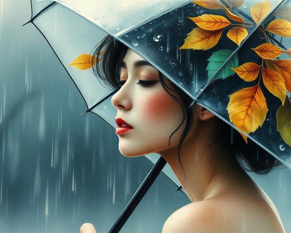 Digital painting of a woman with red lips in rain